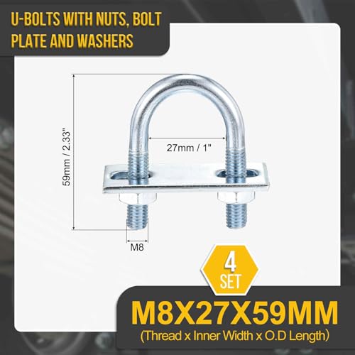 DTGN M8x27x59mm U Bolts Round Kit - 4Set - Carbon Steel U-Bolt Kit with Nuts, Washers, Frame Plate - Good for Pipe, Trailer, Automotive, Leaf Spring Fastener - size: M8x27x59mm