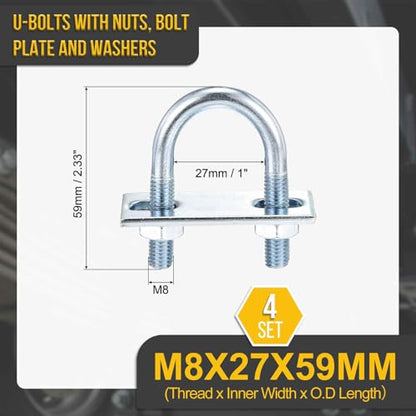 DTGN M8x27x59mm U Bolts Round Kit - 4Set - Carbon Steel U-Bolt Kit with Nuts, Washers, Frame Plate - Good for Pipe, Trailer, Automotive, Leaf Spring Fastener - size: M8x27x59mm