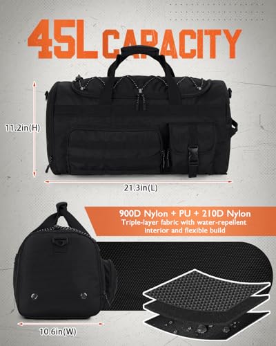Gonex 45L Tactical Duffel Bag, 3-in-1 Gym & Travel Bag | Shoe compartment, Tactical gear loops, Water-repellent lining, 5 zip pockets, Weekend travel - color: Black, size: 45L