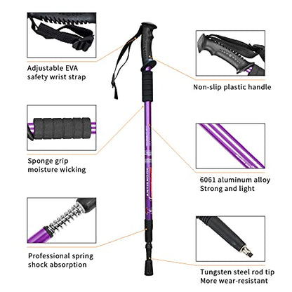 Aihoye Trekking Poles,Adjustable Shock Absorbing Hiking Walking Stick-2Pcs | Aviation aluminum,Collapsible, Lightweight, All-terrain walking poles, Carry bag included - color: purple
