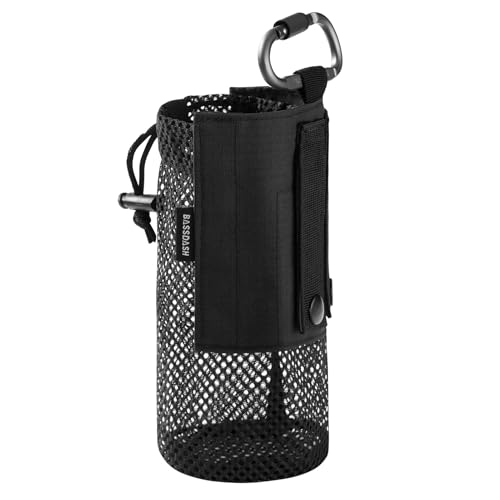 BASSDASH Tactical Molle Water Bottle Pouch with Carabiner Foldable Mesh Holder Bag for Travel Fishing Hunting Hiking Outdoor Activities - color: Black with Molle Straps