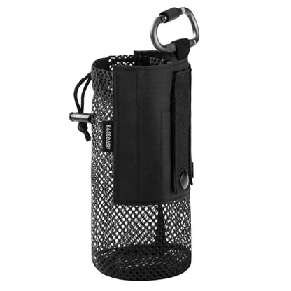 BASSDASH Tactical Molle Water Bottle Pouch with Carabiner Foldable Mesh Holder Bag for Travel Fishing Hunting Hiking Outdoor Activities - color: Black with Molle Straps