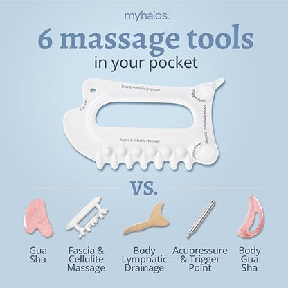 myhalos 6-in-1 Gua Sha Massage Tool, Lymphatic Drainage & Face Sculpting | Ceramic Gua Sha Set, Facial & Body Massage, Cellulite & Fascia Release, Acupressure Tool, Multi-Use Design