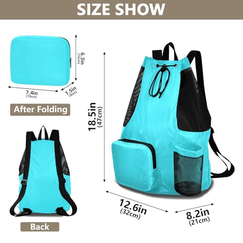 Yuiboo Cyan Solid Color Drawstring Bags Climbing Gym Bag with Water Bottle Holder Pull String Back Pack Wet and Dry Separation