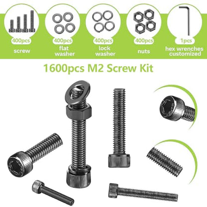 1600Pcs M2 Screws,M2*4/6/8/10/12/16/20/25mm Screw kit,Hex Socket Head Cap Bolts,12.9 Grade Black Zinc Plated for 3D Printer - size: M2x4/6/8/10/12/16/20/25mm(1600pcs)