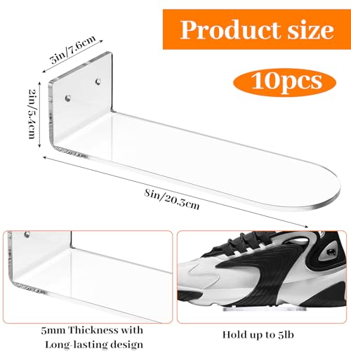 10 Pack Acrylic Floating Shoe Shelves, Clear Wall Mount Display Rack for Sneakers Collection, Shoe Organizer Holder with Hardware, 8x3x2 Inch