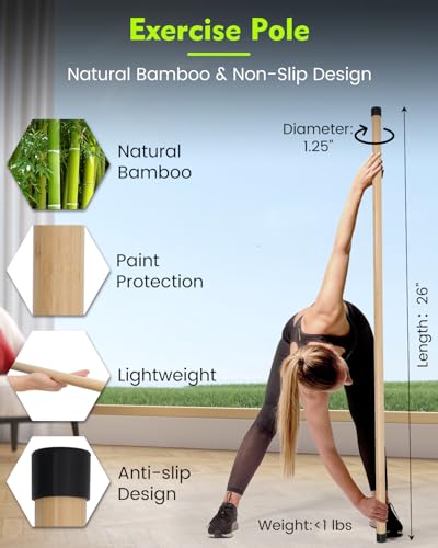 P Polerden Yoga Stick, 5ft Exercise Stick for Mobility, Stretching Stick with Non-Slip Ends, Exercise Dowel for Pilates, Balance Pole and Stretch Bar for Stretching Equipment - size: 2 PCS (58 inches + 58 inches) Natural Bamboo
