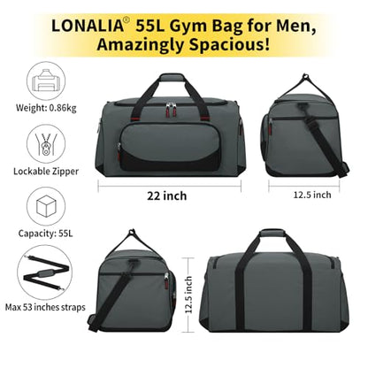 55L Large Sports Duffle Gym Bag for Men, 22 inch, Gray | Heavy Duty, Gym Duffel Bag, Multi Pockets, Spacious - color: Grey