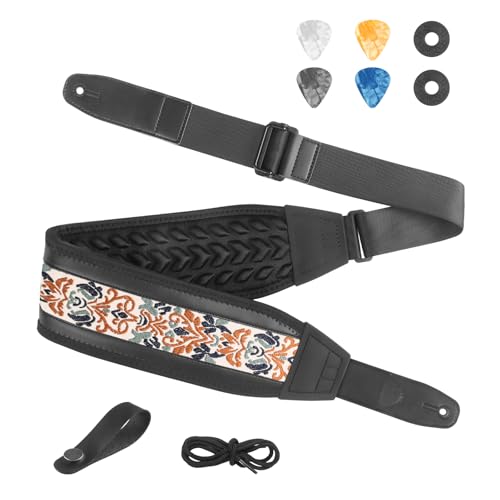 Bass Guitar Strap, Jacquard Embroidery Guitar Straps with Head Cowhide Leather Ends for Bass, Electric & Acoustic Guitars, Comes with Complete Accessories, Comfortable and Intimate, Vintage Khaki - color: Vintage Khaki