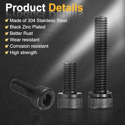 uxcell 30Pcs Hex Socket Head Cap Screws Bolts with Nuts, M3x16mm 304 Stainless Steel Socket Drive Machine Screws Bolts with Hex Wrench, Full Threaded, Black - size: M3x16mm