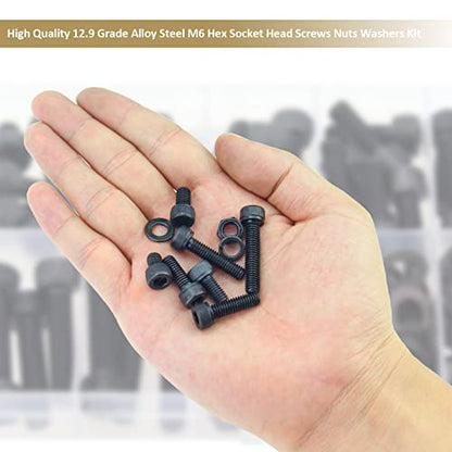 126 Pieces Black M6 x 8/10 /12/16 /20/25 /30mm Hex Socket Head Cap Screws Nuts Washers Assortment Kit, 12.9 Grade Alloy Steel - size: M6, style: Socket Head