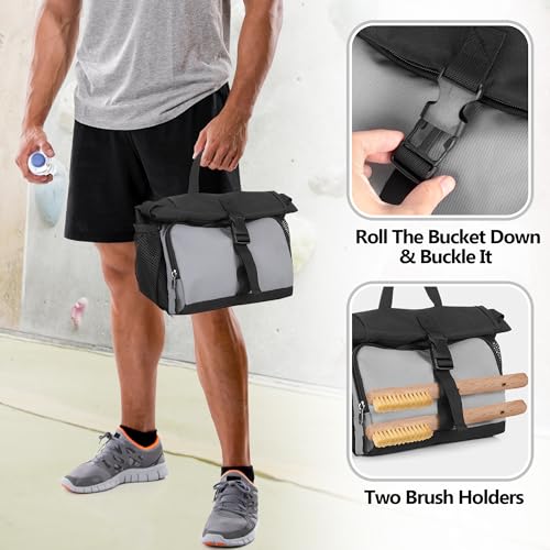 PGmoon Chalk Bucket Bag, Large Chalk Bag for Rock Climbing and Bouldering | Come with Aluminum Foil Lining, Magnetic Closure, Multiple Pockets, 2 Brush Holders (Patent Design)