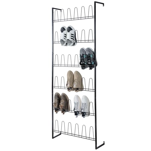 MyGift 70 Inch Black Metal Wall Mounted Shoe Rack for efficient Vertical Storage, Shoe Storage for Closet with 36 Hooks, Holds up to 18 Pair for Entryway - color: Black (6 Tier, 18 Pairs)