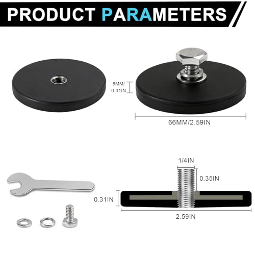DIYMAG Rubber Coated Mounting Magnets 1/4in 65lbs 12pcs | Anti-Scratch Protective Layer, Solid Magnet Base, Powerful Magnetic Holding, for Camera, Light Bar, Mirror, License Plate - size: 1/4in Female-65LB-2.59in