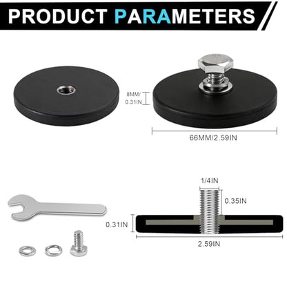DIYMAG Rubber Coated Mounting Magnets 1/4in 65lbs 12pcs | Anti-Scratch Protective Layer, Solid Magnet Base, Powerful Magnetic Holding, for Camera, Light Bar, Mirror, License Plate - size: 1/4in Female-65LB-2.59in