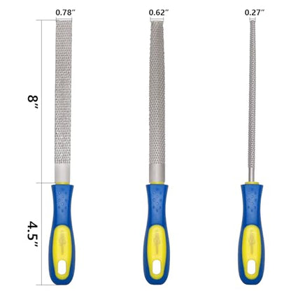YKLP 8inch Metal File Set,3pcs High-Carbon Steel Needle File,Flat/Half-Round/Round for Metal Wood Working - color: 5