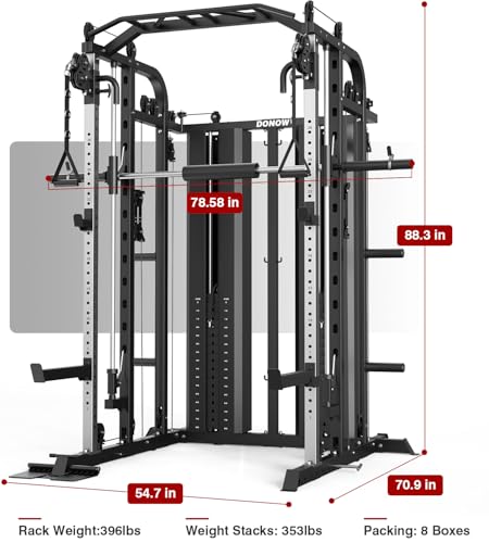 DONOW Smith Machine with Weight Stacks Home Gym System Cable Crossover | Multi Function, All in One, Heavy Duty, Lat Pulldown Bench, Hip Thrust Attachment, Smooth Smith Bar and Cable System - color: Standard Weight