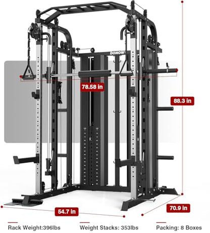 DONOW Smith Machine with Weight Stacks Home Gym System Cable Crossover | Multi Function, All in One, Heavy Duty, Lat Pulldown Bench, Hip Thrust Attachment, Smooth Smith Bar and Cable System - color: Standard Weight