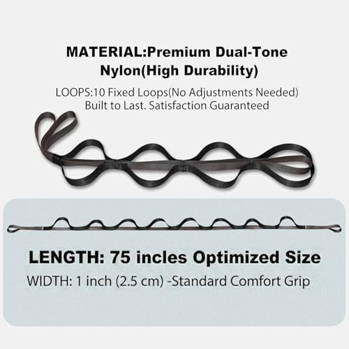 Acozycoo Stretching Strap with Loops,Non-Elastic Yoga Strap for Physical Therapy,Knee Replacement Recovery & Plantar Fasciitis,Leg Stretcher Band for Flexibility & Hamstring Rehab - color: Black