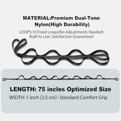 Acozycoo Stretching Strap with Loops,Non-Elastic Yoga Strap for Physical Therapy,Knee Replacement Recovery & Plantar Fasciitis,Leg Stretcher Band for Flexibility & Hamstring Rehab - color: Black