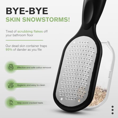FERYES Foot File Callus Remover with Dead Skin Catcher – The Genius Foot Scrubber for Mess-Free Pedicures, Heel Scraper for Cracked Heel Treatment, Wet & Dry Use Feet Rasp - Black - style: Stainless Steels with Catcher