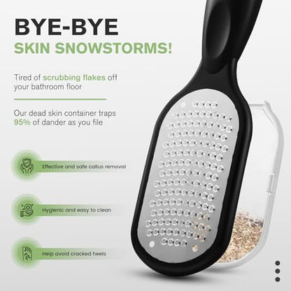 FERYES Foot File Callus Remover with Dead Skin Catcher – The Genius Foot Scrubber for Mess-Free Pedicures, Heel Scraper for Cracked Heel Treatment, Wet & Dry Use Feet Rasp - Black - style: Stainless Steels with Catcher