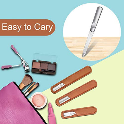 3 Pcs Stainless Steel Nail Files Kit with Leather Case, Double Sided Metal Nail Files with Anti-Slip Handle for Women and Men, Metal File Buffer Manicure Pedicure Tools for Fingernail Toenail(Brown) - color: Brown