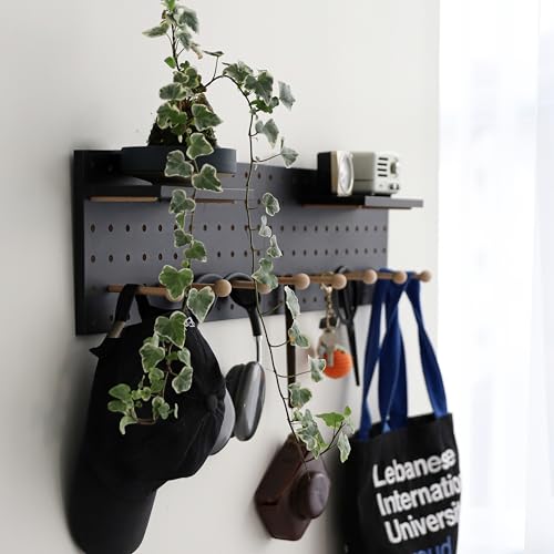 Wooden Pegboard Accessories Set: Modular Wall Hooks & Shelf for Garage, Office & Home Organization(Black Colored Finish-B) - color: Black colored finish-B-2