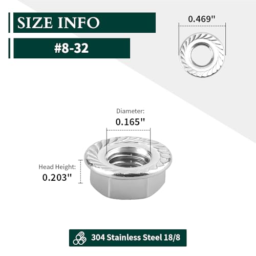 8# 32 Serrated Flange Hex Lock Nuts, 304 Stainless Steel 18-8 Anti-Loose Nuts for Machinery, Automotive, DIY, 100 PCS - size: #8-32