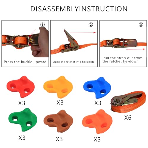 Climbing Hold for Kids Outdoor-Ninja Tree Climbing Rocks 18 Pcs with 6 Ratchet Straps Grip Kits for Outdoor Ninja Warrior Obstacle Course Training (Rocks 12 Pcs and 6 Ratchet)