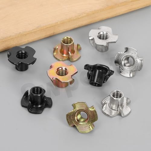 Swpeet 50Pcs M6×10 Color Zinc Plated T-Nuts, 4-Pronged Tee Nut, Threaded Inserts, Bolt Dropper T-Nut Wood Insert for Furniture, Cabinet, Wood, Rock Climbing Holds - color: Color Zinc
