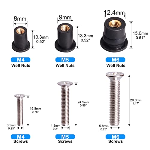 WEDAMER 72 Pairs M4 M5 M6 Neoprene Well Nuts with Stainless Steel Screw M5 Rubber Well Nuts Kayak Brass Copper Bolts Well Nut Kit for Kayak Motorcycle Boat Marine Windscreen Accessories (M4 M5 M6) - color: M4/M5/M6 Each 24 Pairs