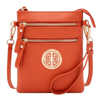 Solene Small Multi Zipper Pockets Crossbody Bag with Detachable Wristlet - color: Brunt Orange