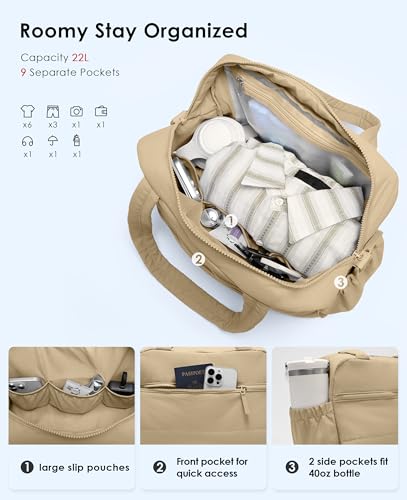 Gym Bag for Women, Travel Duffle Bags with Wet Pocket, Lightweight Carry on Bag Overnight Weekender Duffel Bag, Water Resistant (Camel) - color: Camel