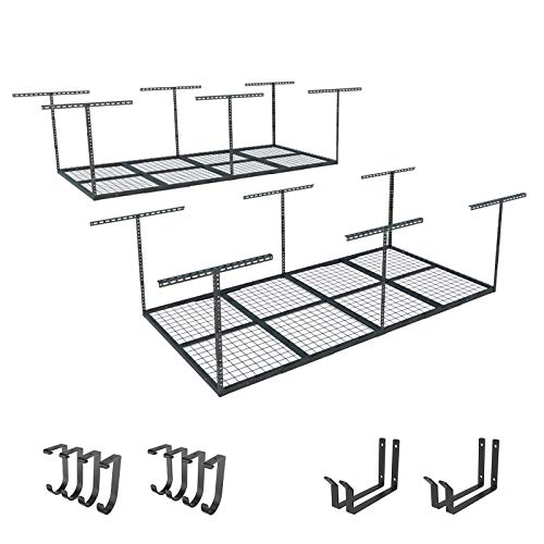 FLEXIMOUNTS 4x8 Overhead Garage Storage Rack with Hooks, 2 Pack, Black | 6 Hooks included, 750 lb Capacity, 22–40 inch Adjustable height, Heavy-duty steel, Garage organization, Classic Series - color: Black
