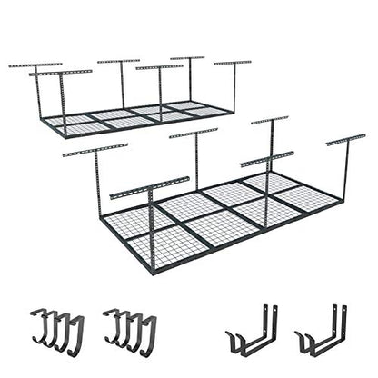 FLEXIMOUNTS 4x8 Overhead Garage Storage Rack with Hooks, 2 Pack, Black | 6 Hooks included, 750 lb Capacity, 22–40 inch Adjustable height, Heavy-duty steel, Garage organization, Classic Series - color: Black
