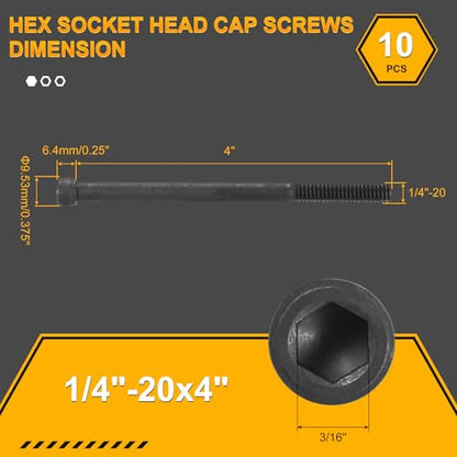 DTGN 1/4"-20x4 Socket Head Cap Screws Bolts - 10Pack - Good for Road Bicycle, Mountain Bike, Auto, Motorcycle - Carbon Steel Hex Head Metric Screws, Black - size: 1/4"-20x4"