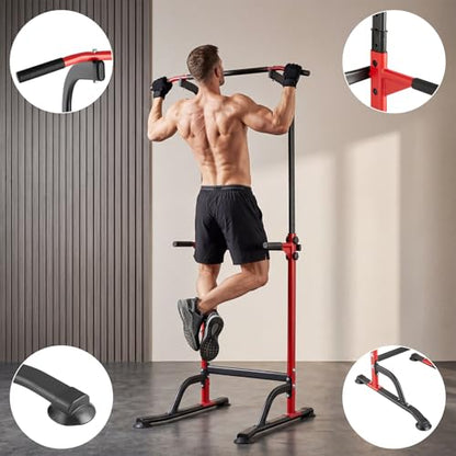 Power Tower Pull Up Bar Station - 330 LBS Stable Multi-Function Gym Dip Station for Home Strength Training Equipment - 10 Adjustable Heights Heavy Duty Pull-Up Tower with h-Shaped Base & Push-Up - color: Red