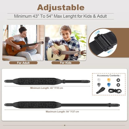 Guitar Strap and Bass Strap, Embroidered Guitar Strap, Adjustable Strap Length, Equipped with 3D Sponge Filled Foam Pad, Comes with 4 Picks + 2 Strap Locks, Best Gift for Guitar Players, Black - color: Black Embroidery