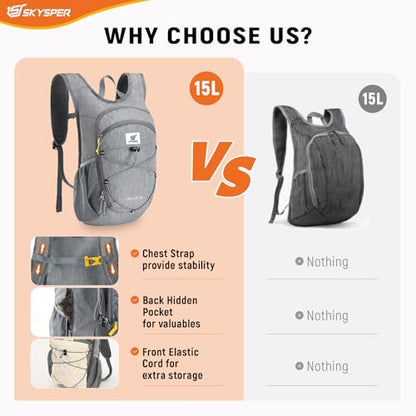 SKYSPER 15L/20L Foldable Hiking Backpack Lightweight Packable Travel Daypack with Chest Strap Small Folding Pack for Walking - color: Grey, size: 15l