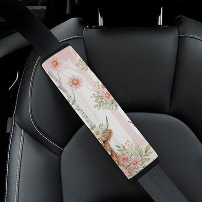 2PCS Pink Cattle Daisy Highland Cow Seat Belt Cover Breathable Automotive Seat Belt Protector for Adult Use, Most Cars, Pressure Relief - color: Pattern 896
