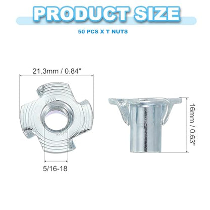 PATIKIL 5/16-18 T-Nuts, 50 Pcs Zinc Plated Steel 4-Pronged Tee Blind Nut 16 mm Length Four-jaw t Nuts Threaded Inserts Hardware for Wood Furniture Cabinetry Rock Climbing Holds - size: 5/16-18x16mm