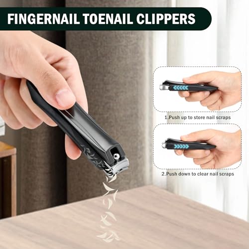 FVION Large Nail Clippers with Catcher, 2 PCS Anti-Splash Fingernail & Toenail Clippers, Stainless Steel Self-Collecting Nail Cutters for Effortless Nail Care - Metal Case Packing - color: Light Black