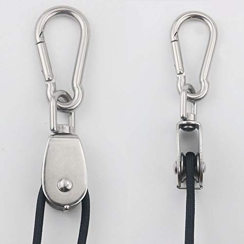 TooTaci 15mm Crane Pulley Block Swivel Hook Single Pulley Block Hanging Wire Towing Wheel 304 Stainless Steel - 20 Meter Nylon Pulley Line Rope & Carabiner Snap Hook Clips - 2Pcs - size: 4MMrope*M15*2