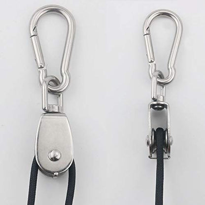 TooTaci 15mm Crane Pulley Block Swivel Hook Single Pulley Block Hanging Wire Towing Wheel 304 Stainless Steel - 20 Meter Nylon Pulley Line Rope & Carabiner Snap Hook Clips - 2Pcs - size: 4MMrope*M15*2