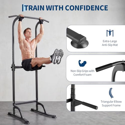 Power Tower Home Gym Strength Training Station Adjustable 10 Height Levels, Heavy-Duty Chin-Up Tower with Parallel Dip Handles, Bodyweight Workout Equipment for Pull-Ups, Dips, Knee Raises, Push-Ups, 330 Lb Capacity - color: Black