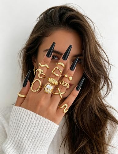 YEEZII Chunky Gold Rings for Women Non Tarnish, 18K Gold Plated Stackable Thumb Ring, Statement Women Rings Set - color: Gold-E