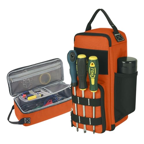 12.6" Heavy Duty Small Tool Bag Pouch for Men with Multiple Pockets,Orange | 1680D,Zipper,Portable Handle,Ideal for EDC,Motorcycles,Electricians;Stores Screwdrivers,Wrenches,Multimeters and Other Tools - color: Orange