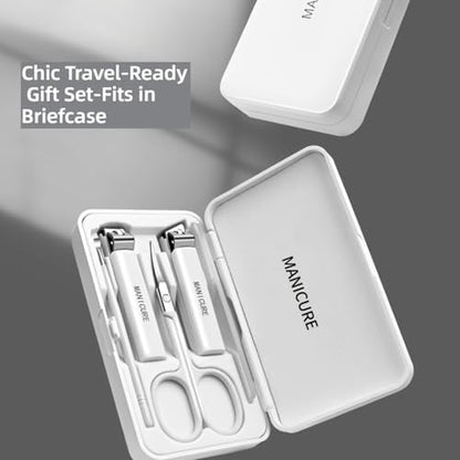 Manicure 5-in-1 Compact Nail Care Kit, Stainless Steel Nail Clippers with Nail File and Scissors, White, Portable Travel Manicure Set