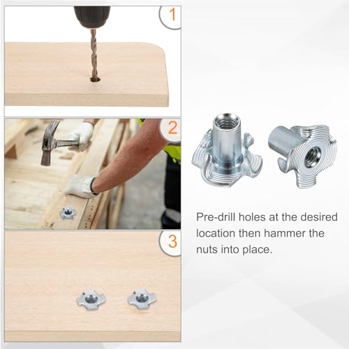 HARFINGTON M4x11.5mm T-Nuts 4 Pronged Tee Nut 0.57" x 0.45" Fully Thread Carbon Steel Inserts for Wood, Rock Climbing Holds, Cabinetry, Furniture 50pcs - size: M4x11.5mm